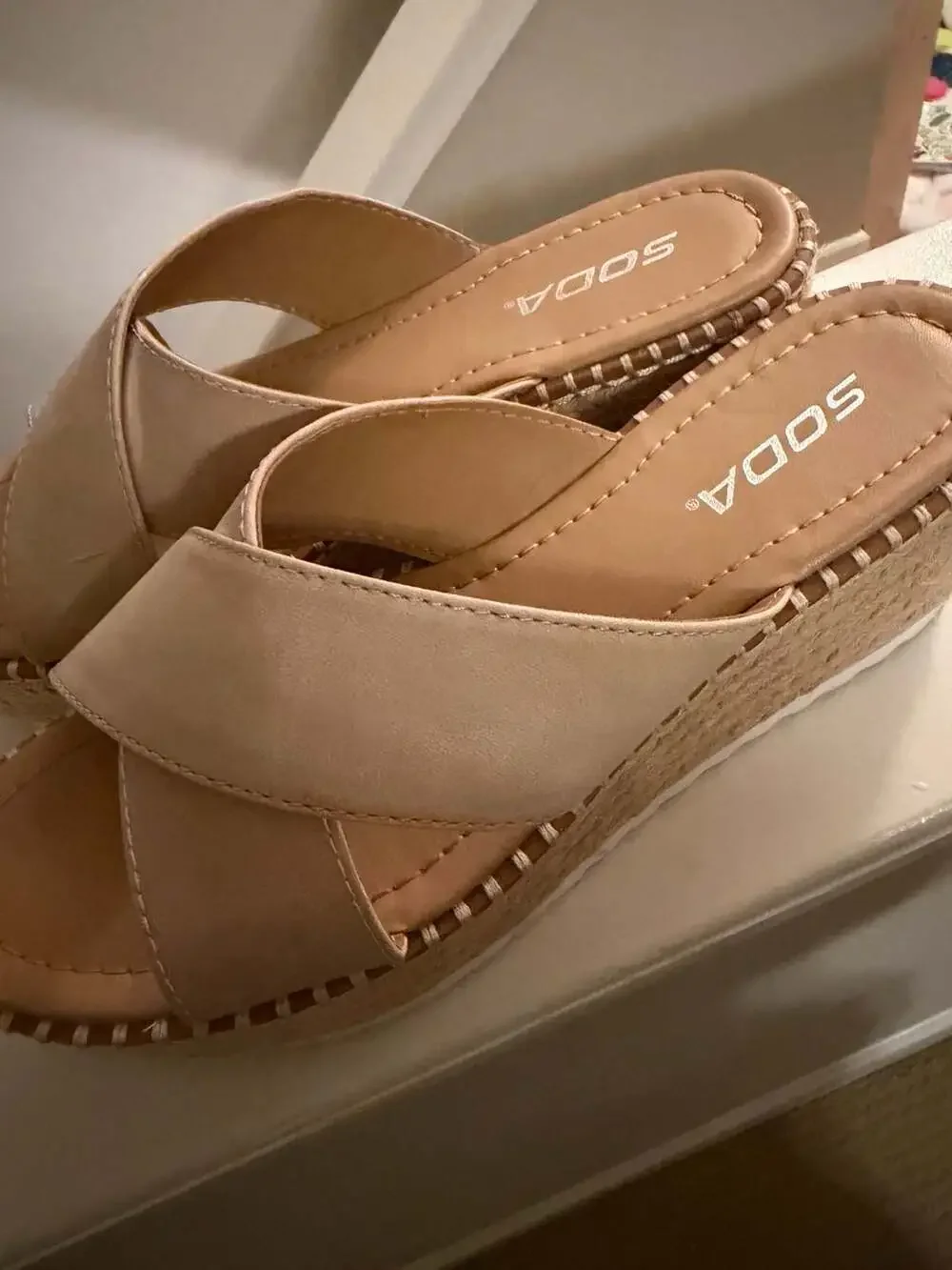 Soda Women Beige Criss Cross Platform Espadrille Wedge Sandals